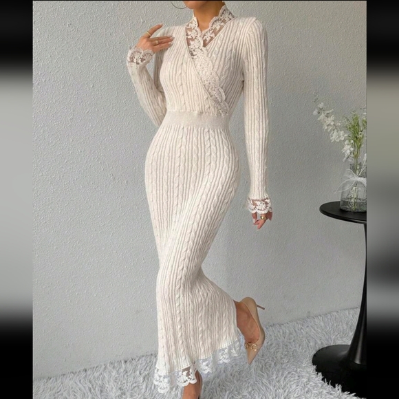 Women Elegant Solid Color Lace Patchwork Fitted Long Sweater Dress, - Picture 4 of 4